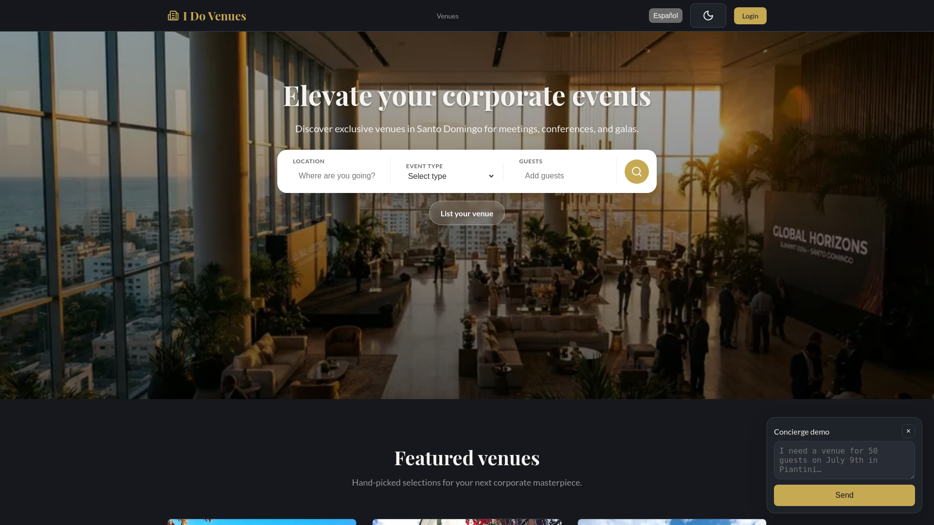website screenshot of https://venues.do/