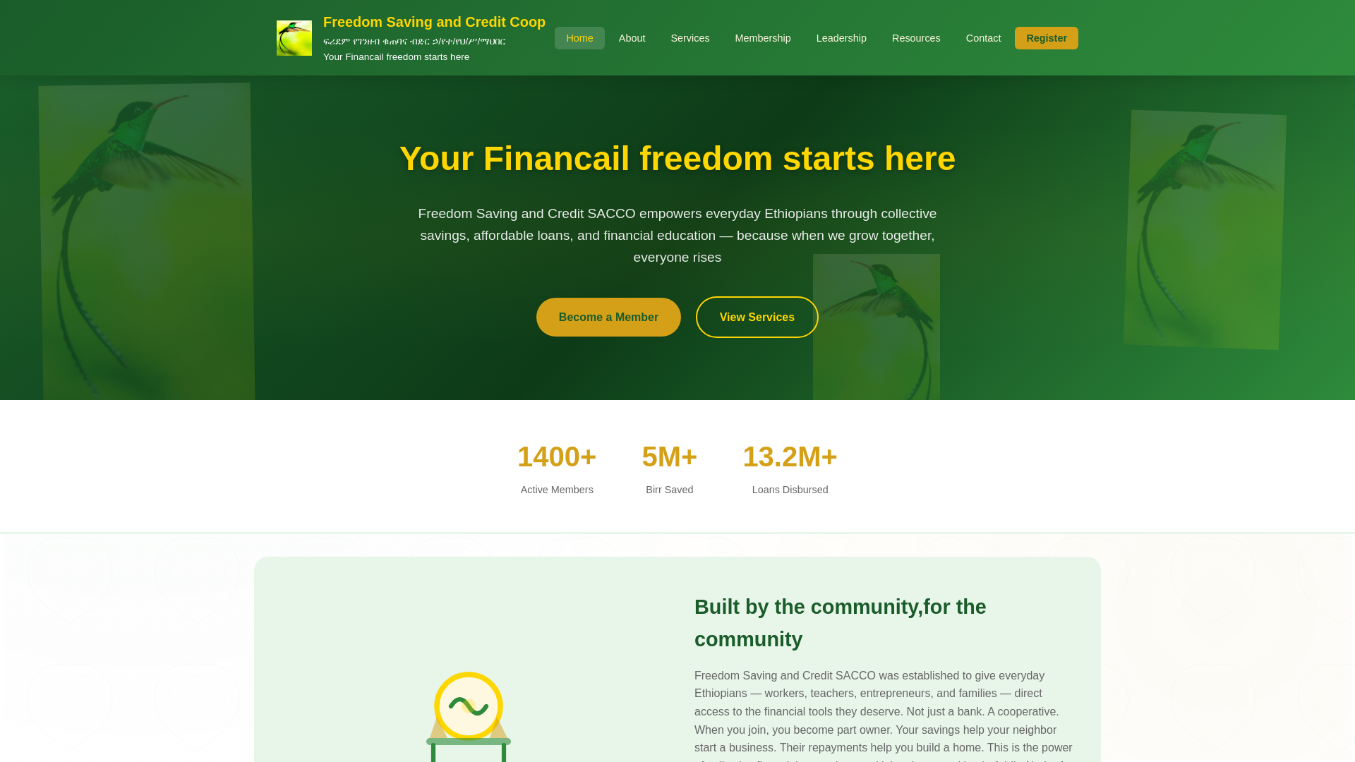 website screenshot of https://freedomsavingandcredit.com.et/