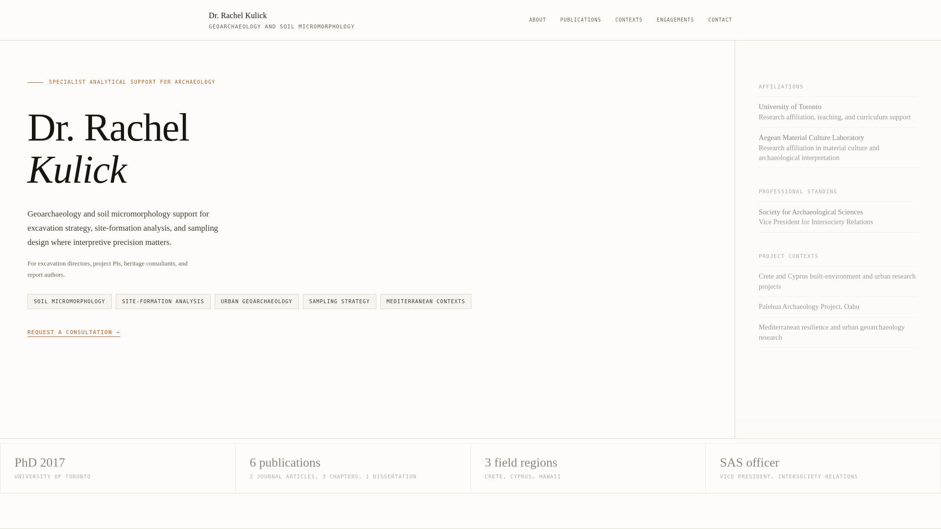 website screenshot of https://rachelkulickarchaeology.com/