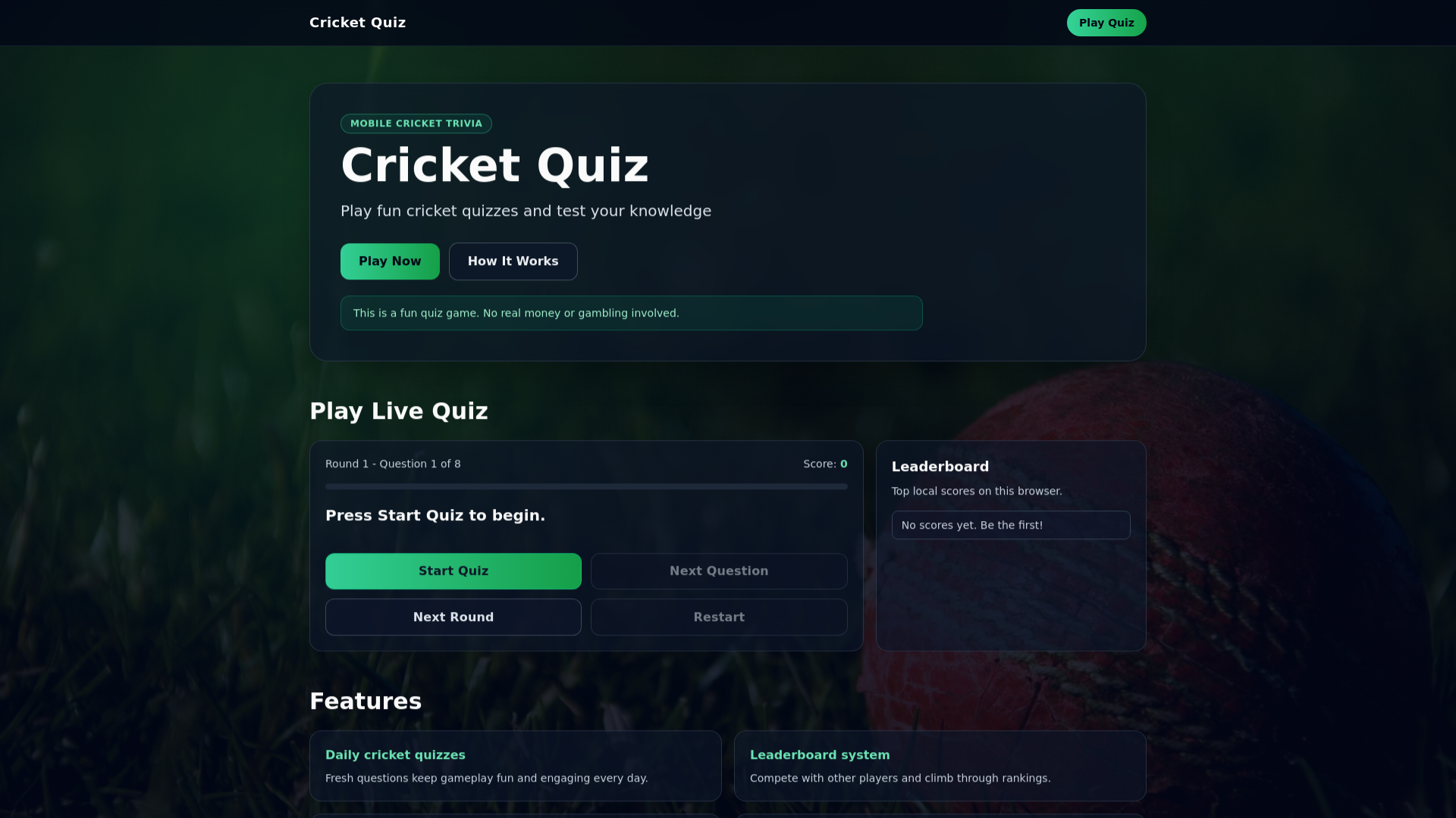 website screenshot of https://mycricketquiz.fun
