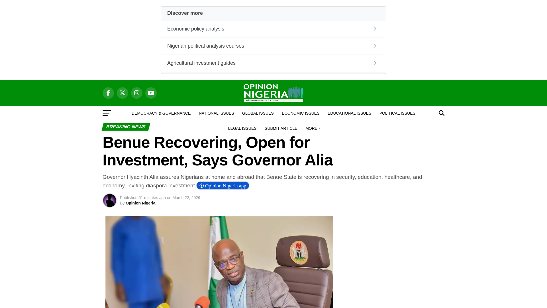 website screenshot of https://www.opinionnigeria.com/benue-recovering-open-for-investment-says-governor-alia/