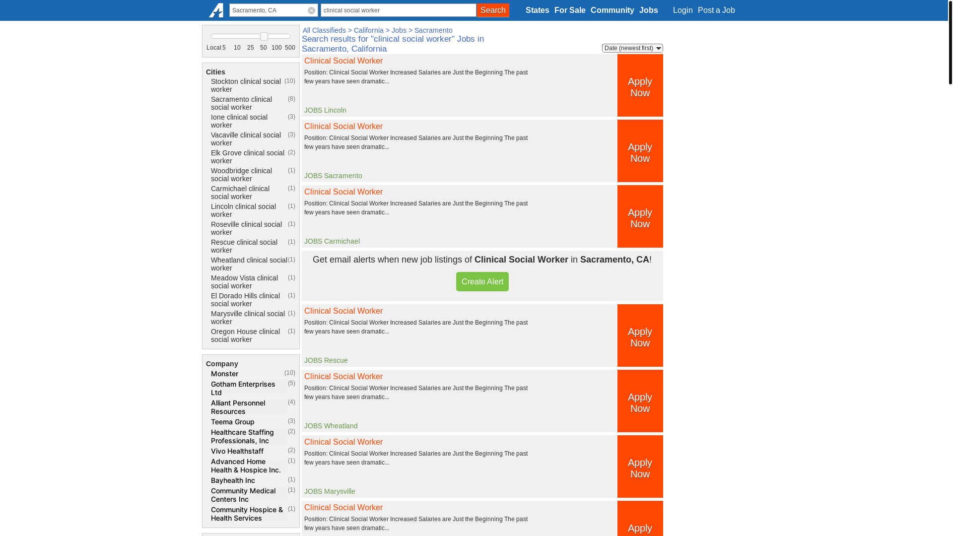 website screenshot of https://sacramento-ca.americanlisted.com/jobs/clinical+social+worker/