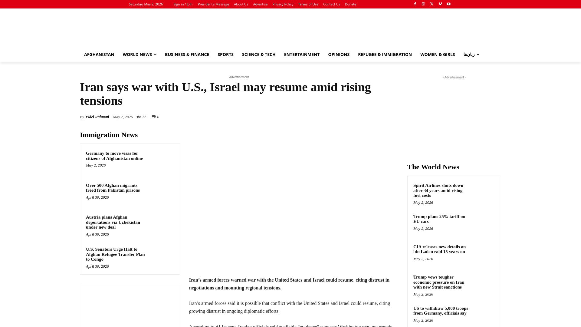 website screenshot of https://www.khaama.com/iran-says-war-with-u-s-israel-may-resume-amid-rising-tensions/