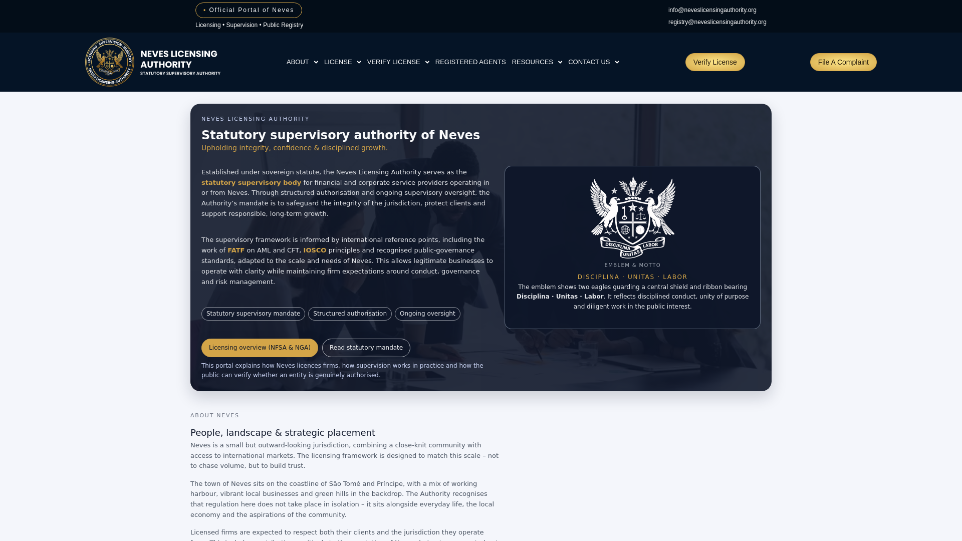 website screenshot of https://neveslicensingauthority.org/