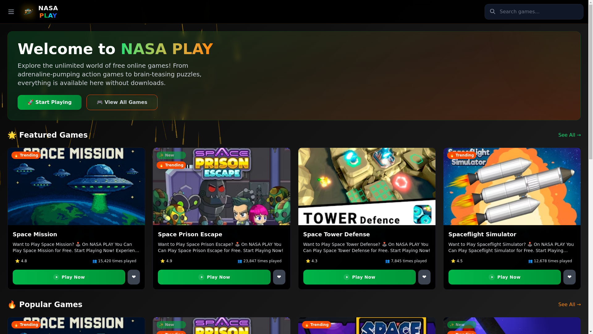website screenshot of https://nasa-play.games/