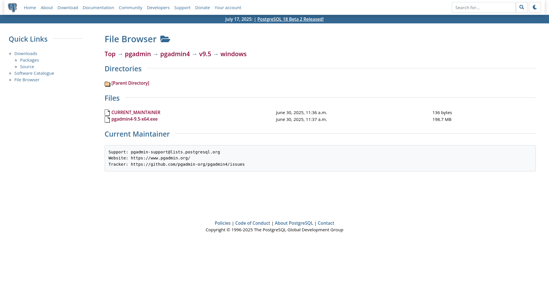 website screenshot of https://www.postgresql.org/ftp/pgadmin/pgadmin4/v9.5/windows/