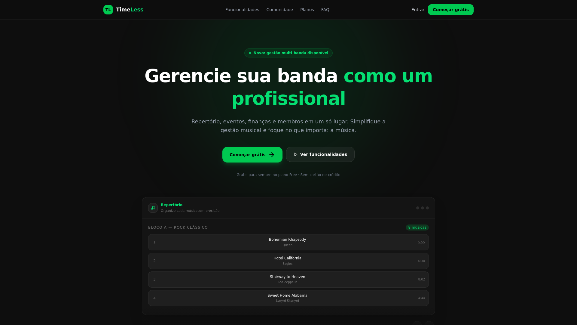 website screenshot of https://timelessband.com.br