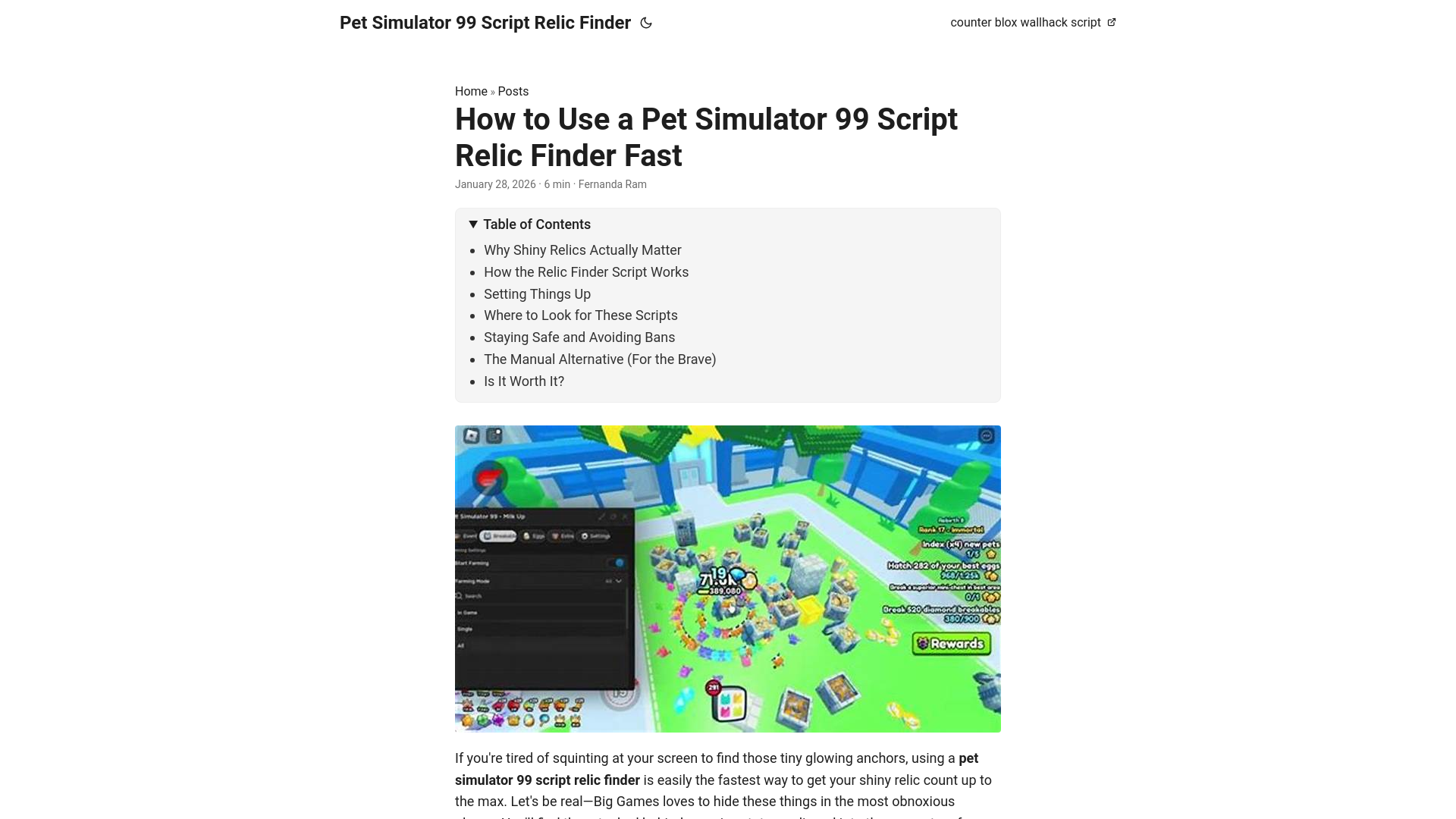 website screenshot of https://pet-simulator-99-script-relic-finder.pages.dev/
