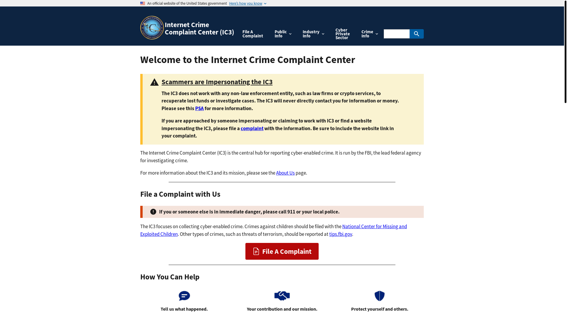 website screenshot of https://www.ic3.gov/