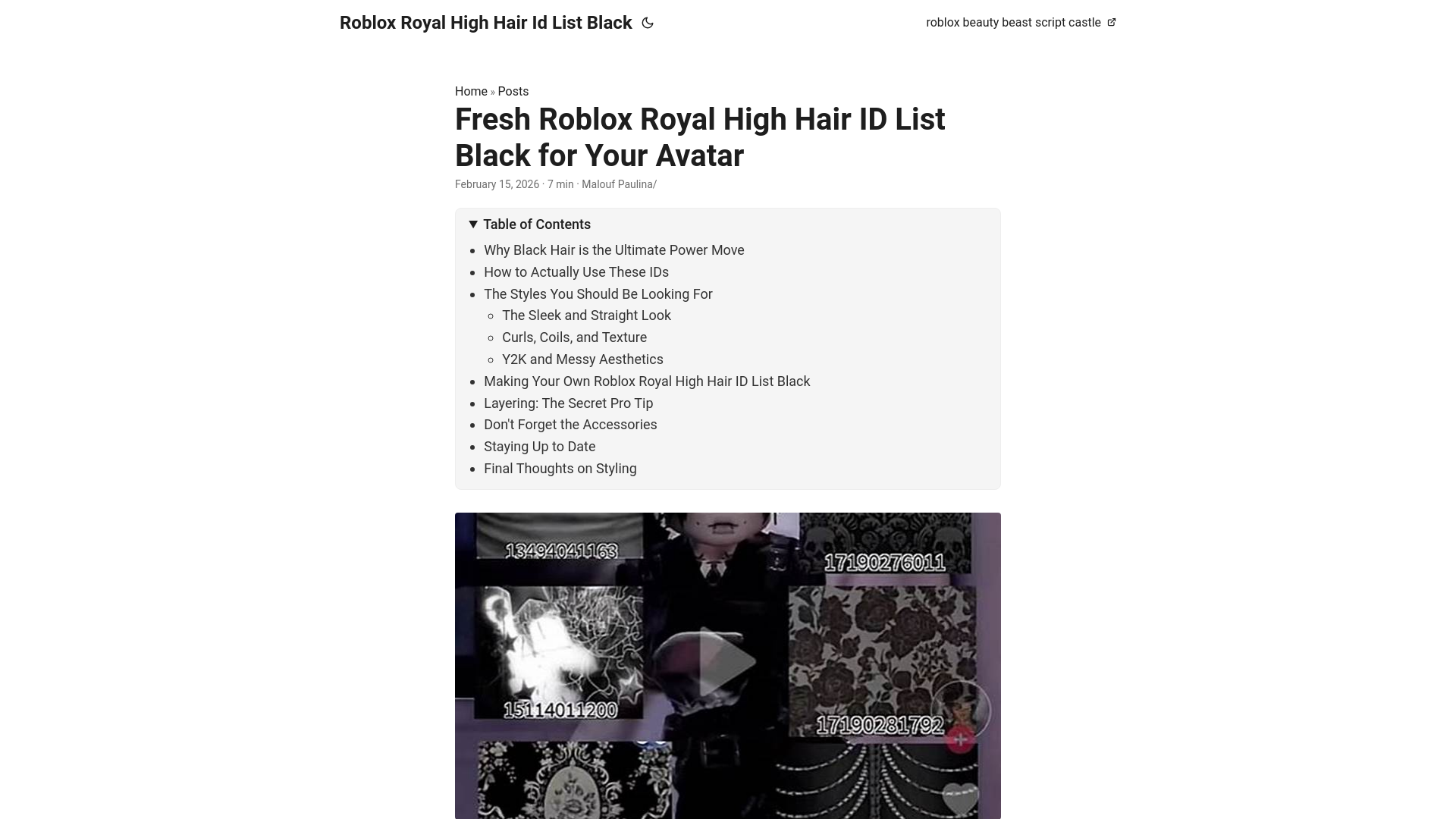 website screenshot of https://roblox-royal-high-hair-id-list-black.pages.dev/