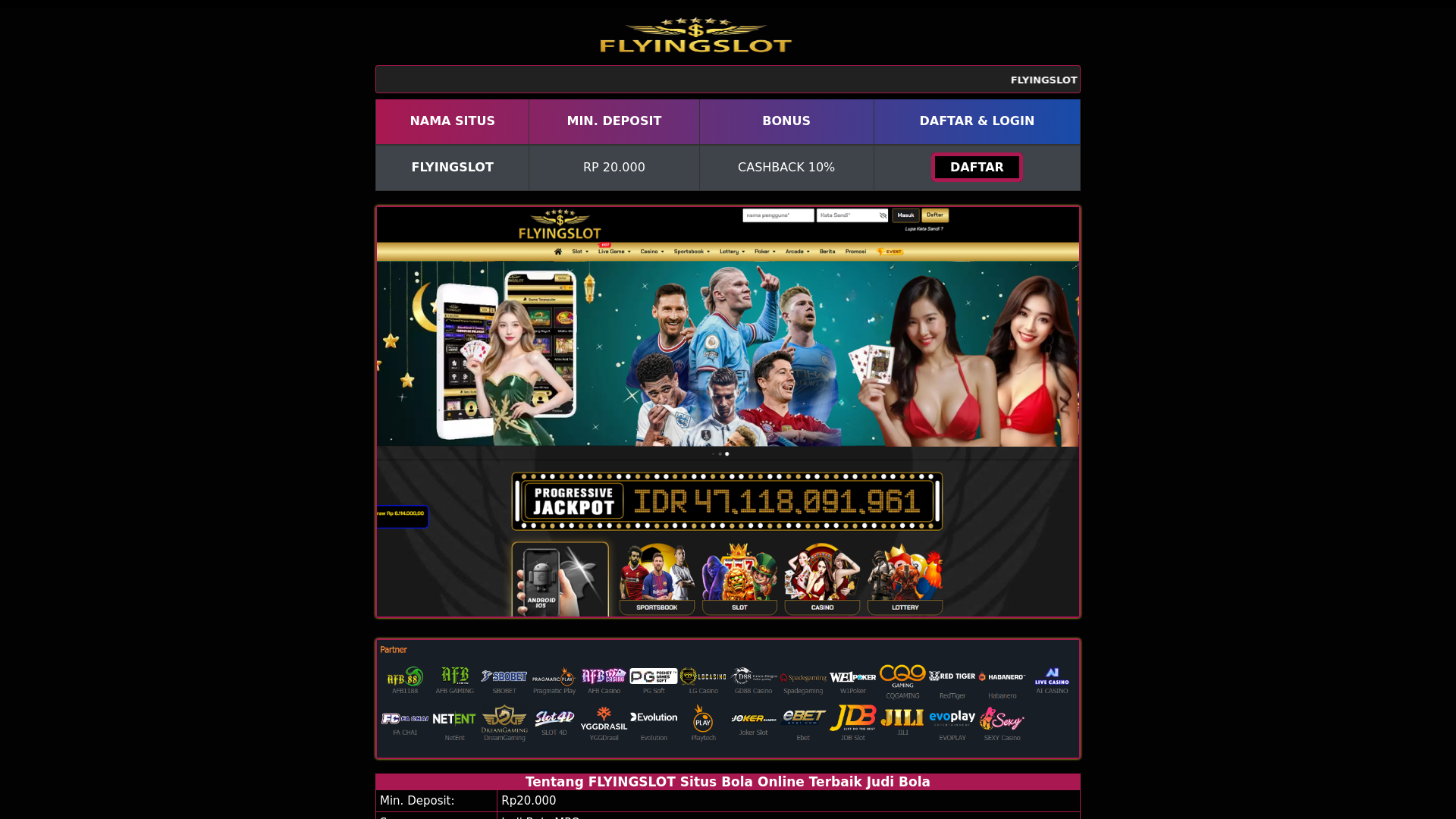 website screenshot of https://flyingslotbola.site/