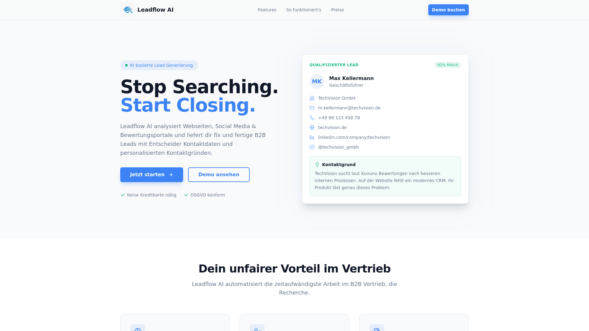 website screenshot of https://leadflow-software.de/