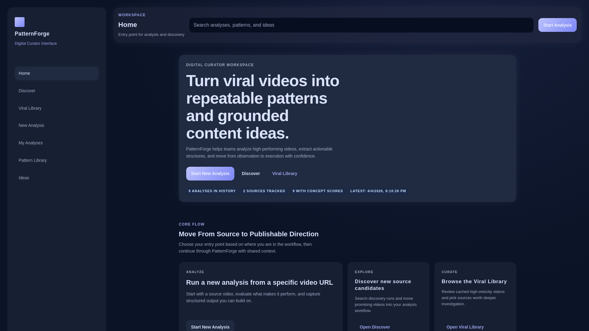 website screenshot of https://patternforgeai.com