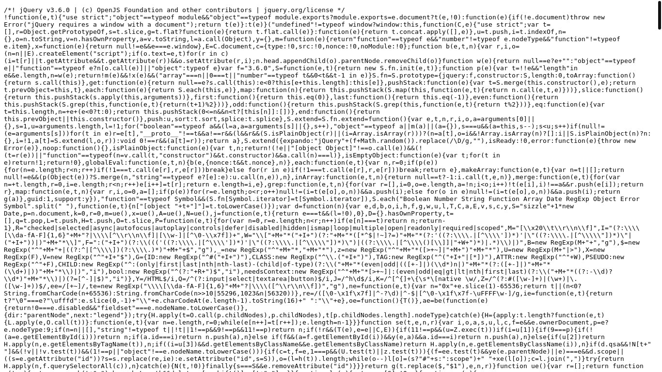 website screenshot of https://code.jquery.com/jquery-3.6.0.min.js