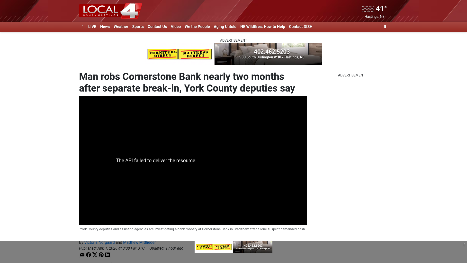 website screenshot of https://www.ksnblocal4.com/2026/04/02/man-robs-cornerstone-bank-nearly-two-months-after-separate-break-in-york-county-deputies-say/