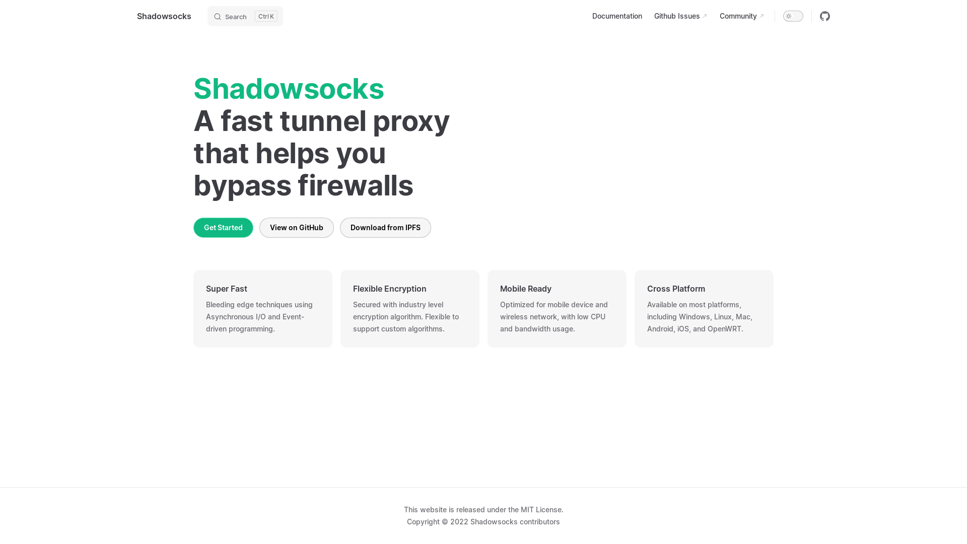 website screenshot of https://shadowsocks.org