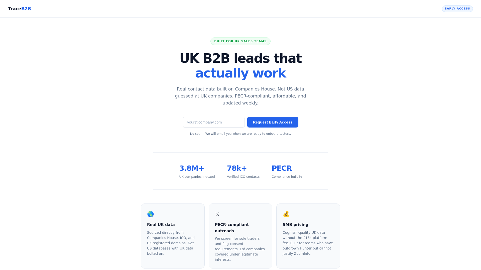 website screenshot of https://traceb2b.co.uk/
