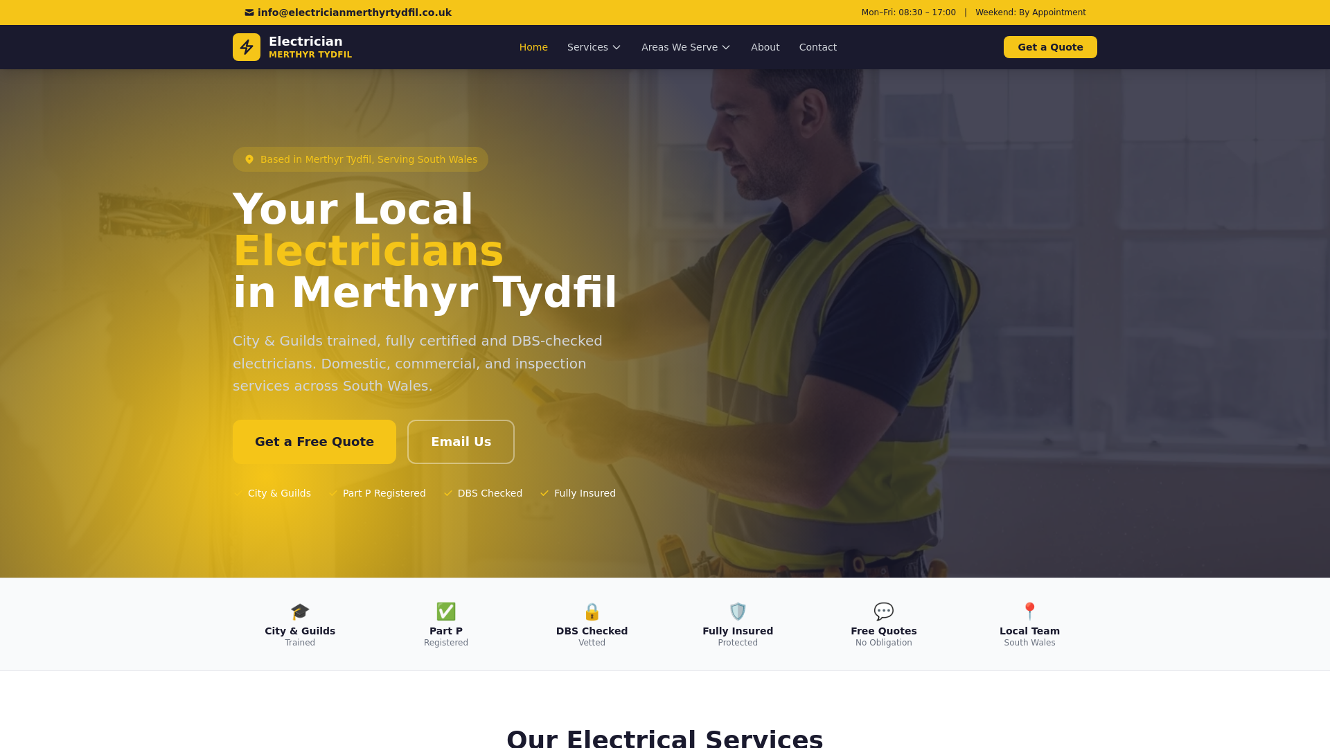 website screenshot of https://electricianmerthyrtydfil.co.uk