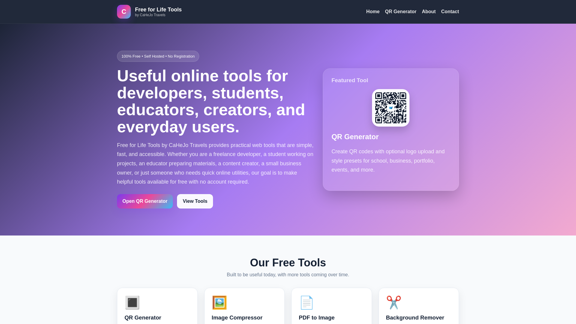 website screenshot of https://freeforlifetools.com