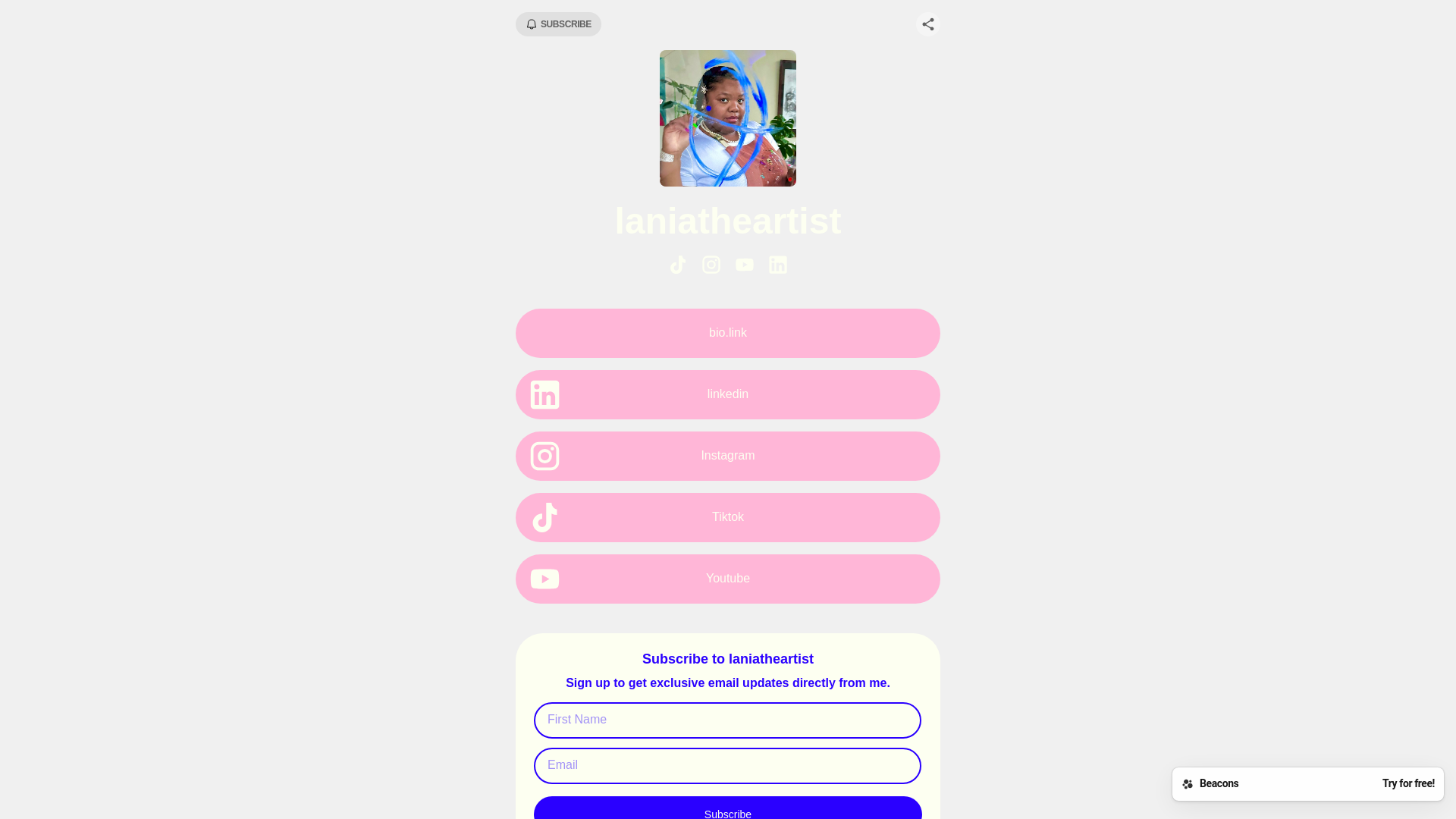 website screenshot of https://laniatheartist.bio/