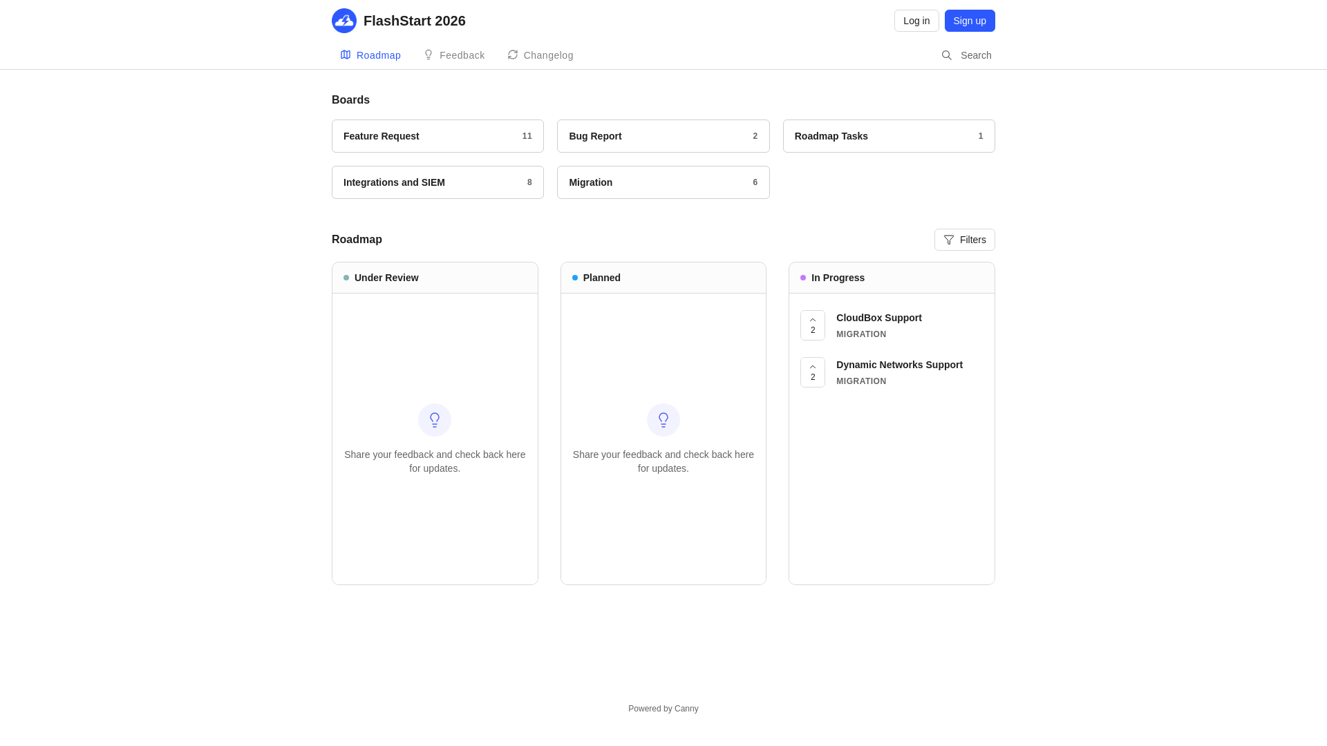 website screenshot of https://flashstart.canny.io/
