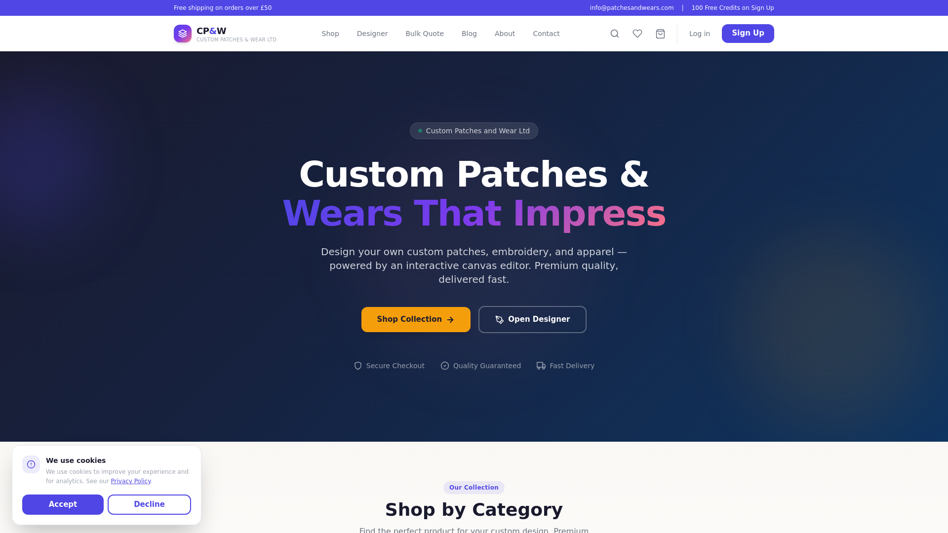 website screenshot of https://patchesandwears.com/