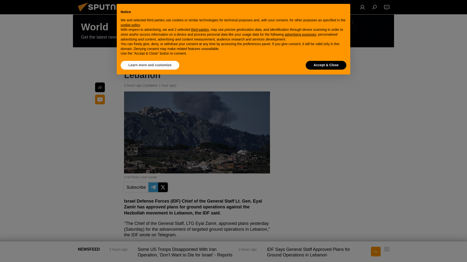 website screenshot of https://sputnikglobe.com/20260323/idf-says-general-staff-approved-plans-for-ground-operations-in-lebanon-1123878952.html