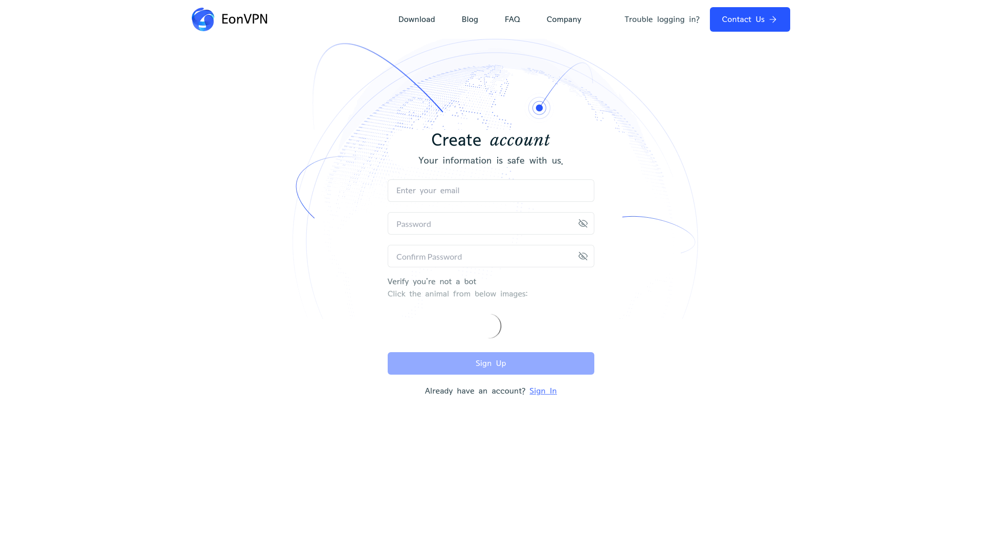 website screenshot of https://eonvpn.com/signup