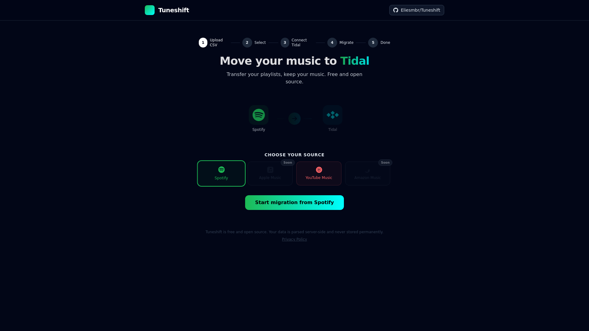 website screenshot of https://tuneshift.de