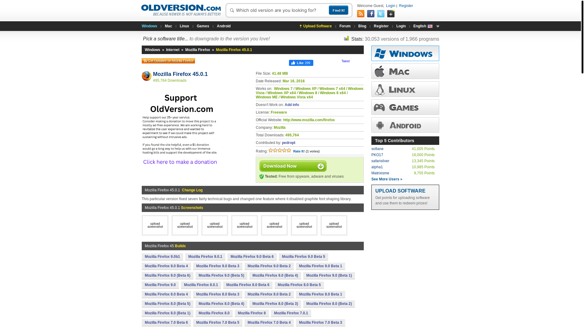 website screenshot of http://www.oldversion.com/windows/mozilla-firefox-45-0-1