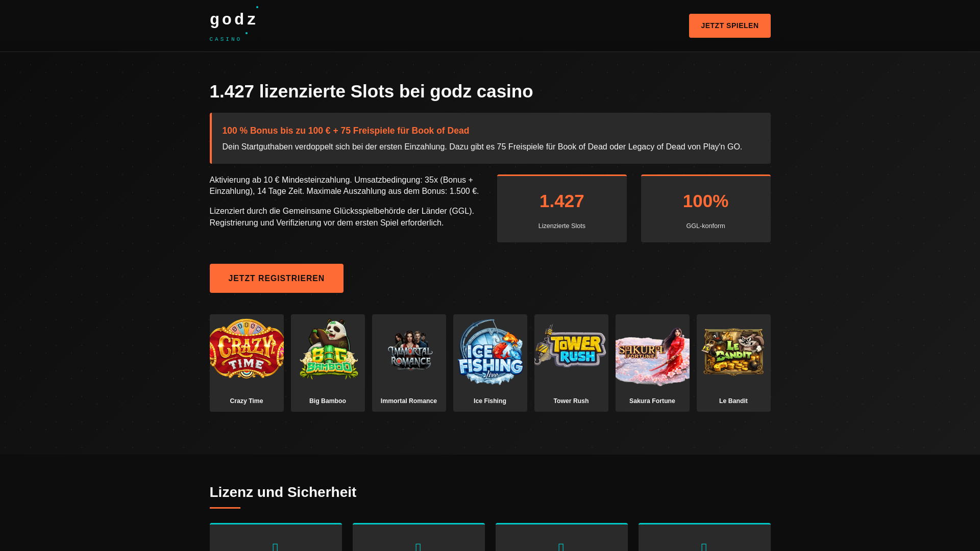 website screenshot of https://godzcasino.de/