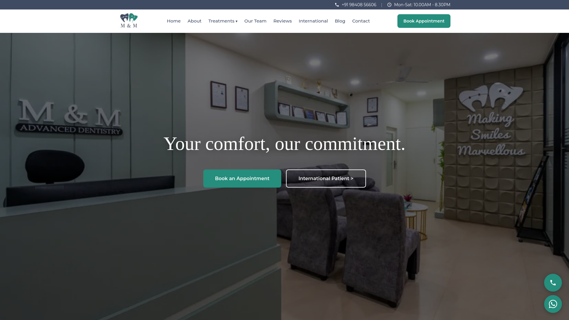 website screenshot of https://mandmdentistry.in