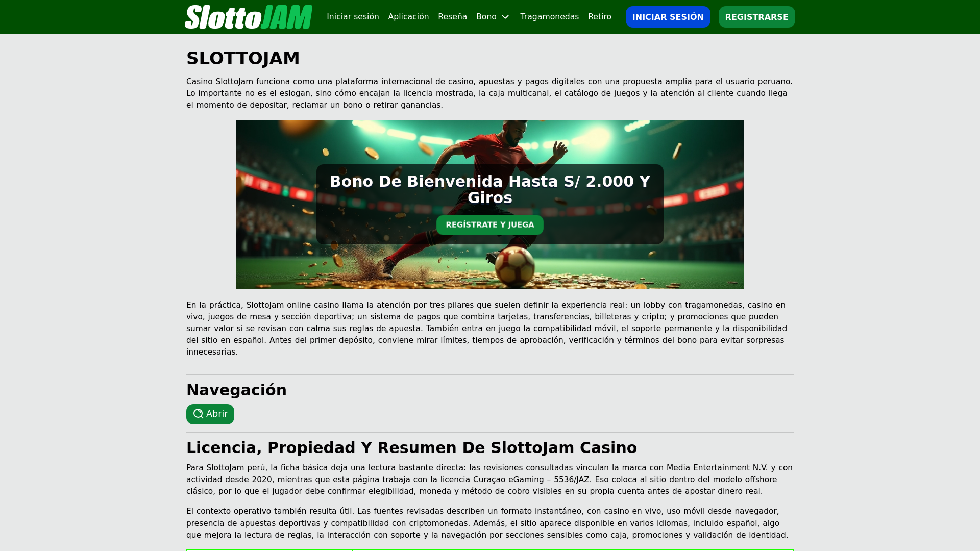 website screenshot of https://slottojam.pe