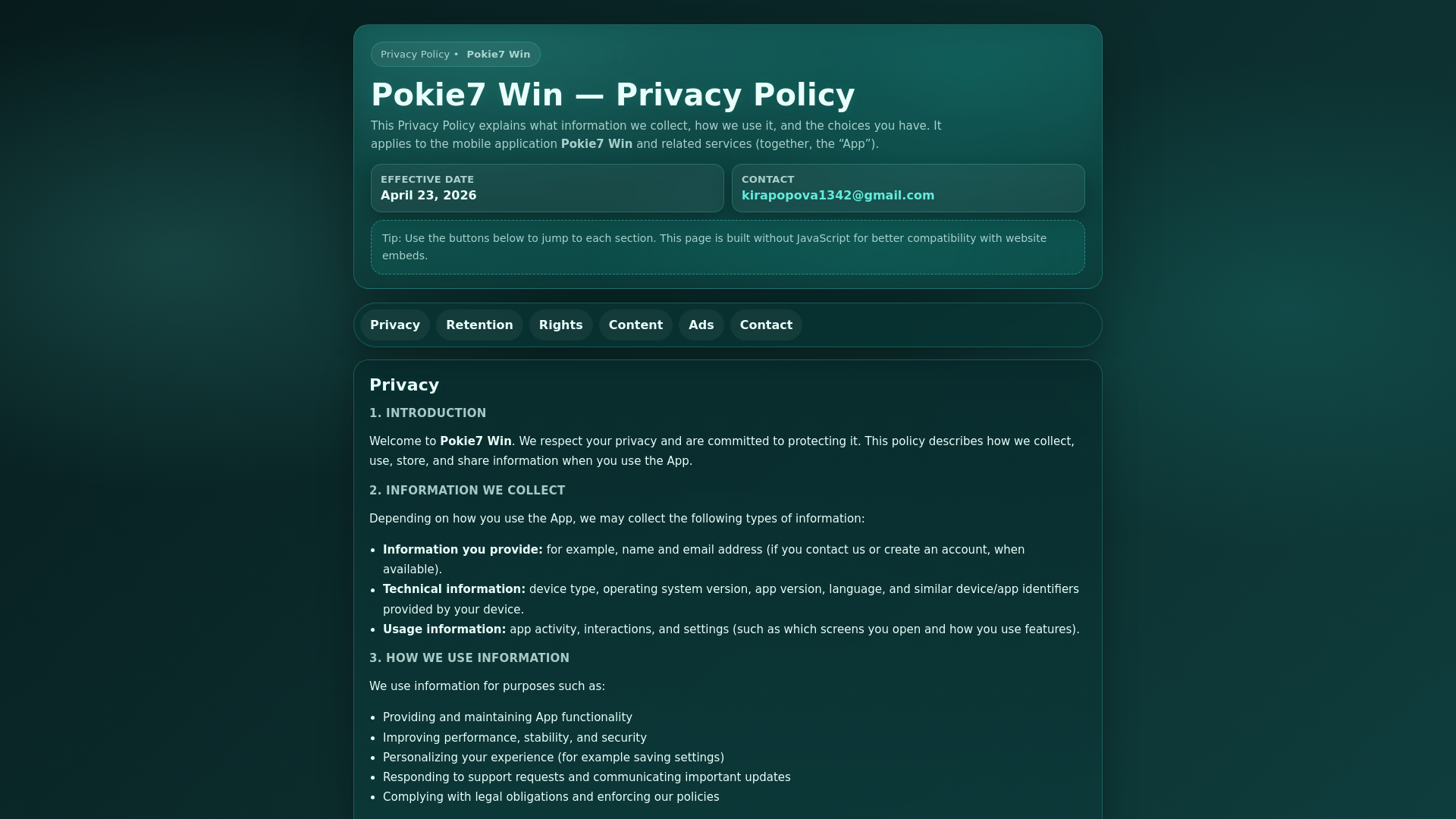 website screenshot of https://pokieswin.store/