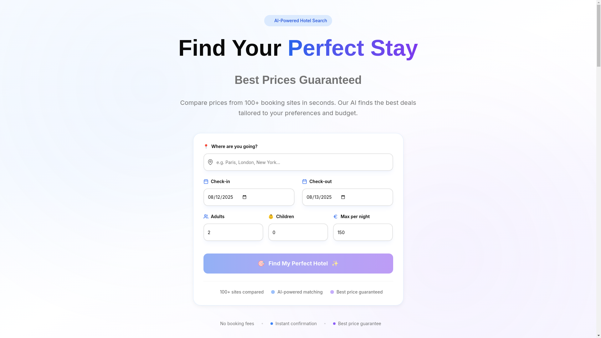 website screenshot of https://aifindhotels.com/