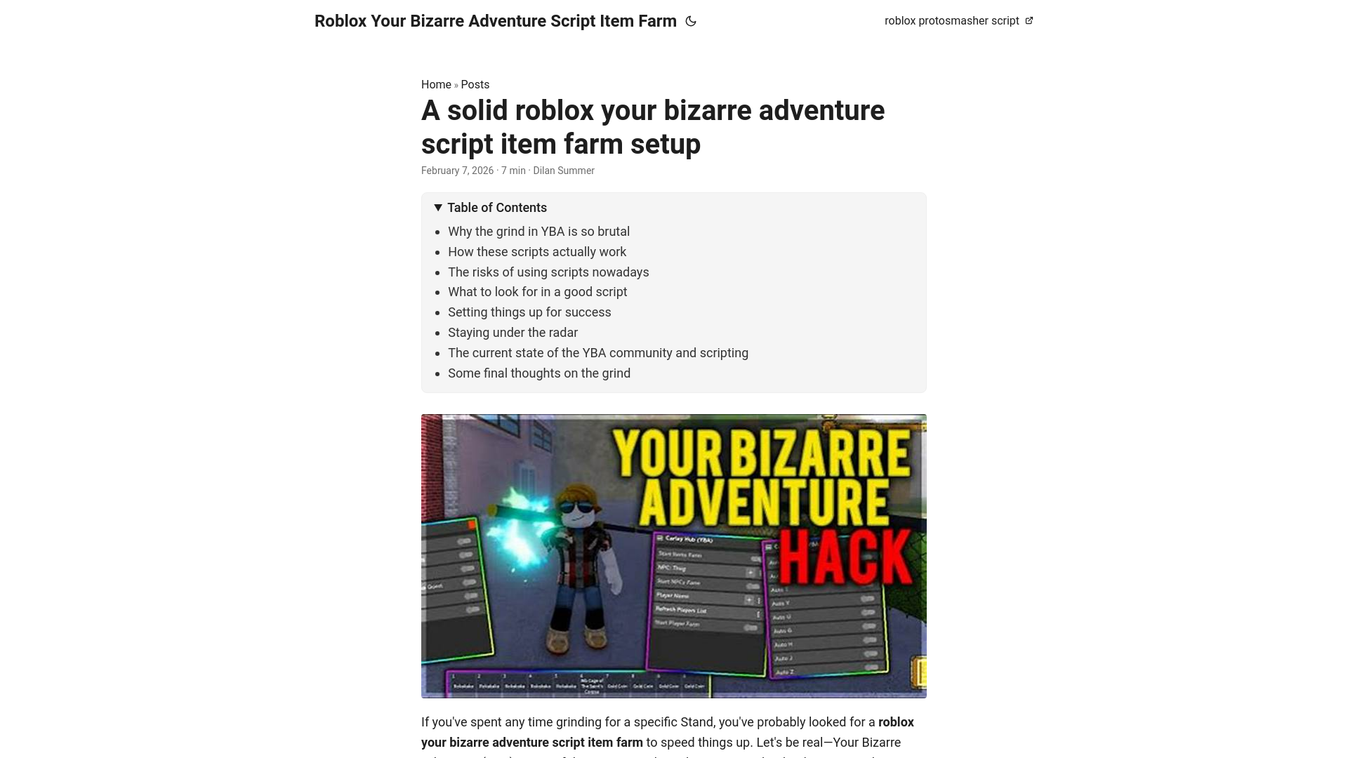 website screenshot of https://roblox-your-bizarre-adventure-script-item-farm.pages.dev/