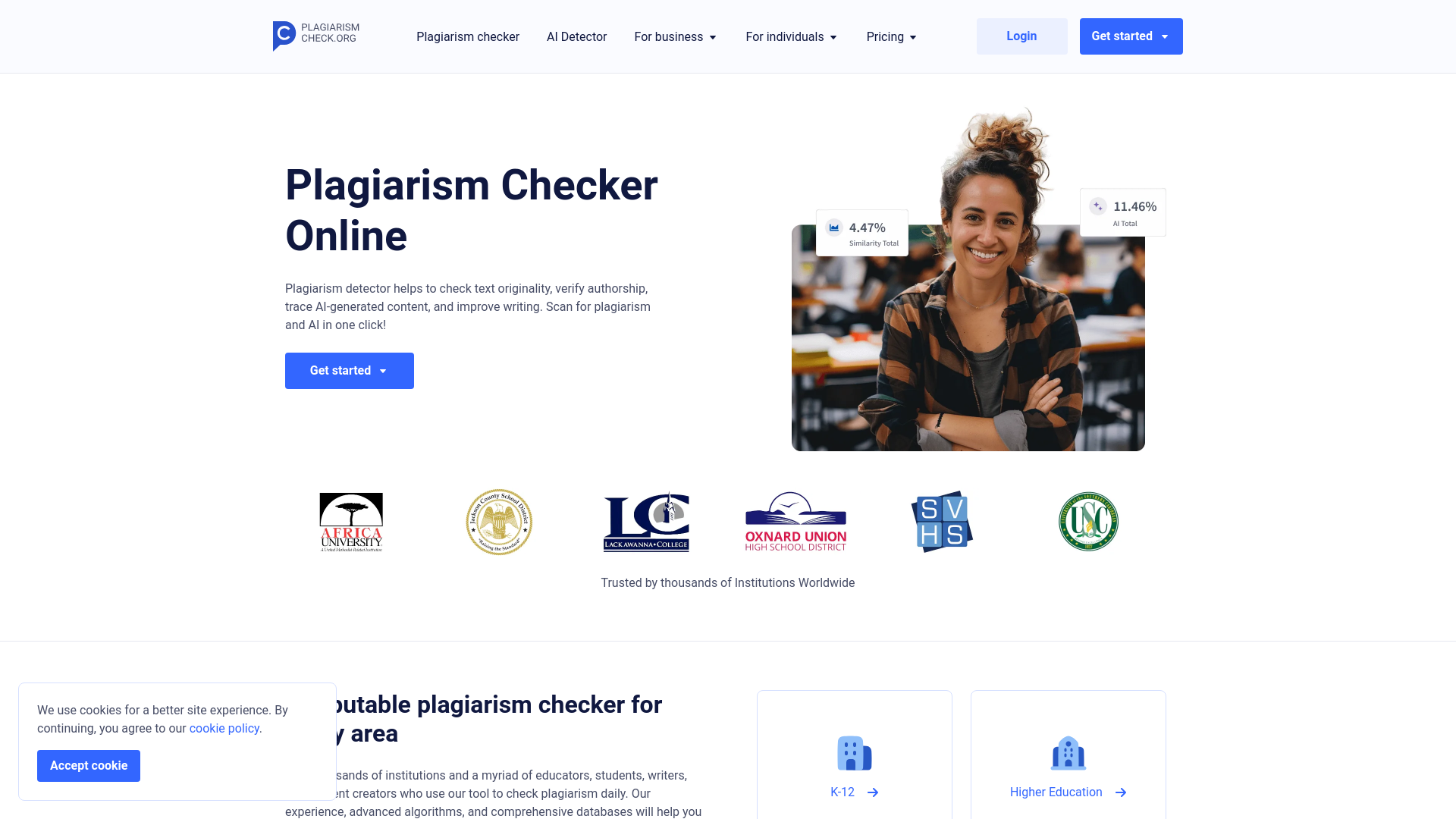 website screenshot of https://plagiarismcheck.org/