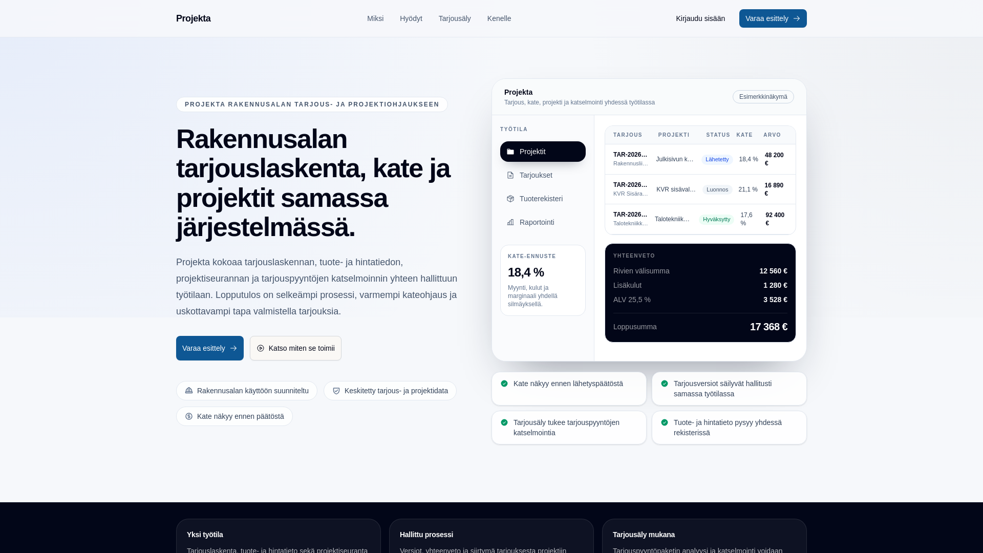 website screenshot of https://projekta.fi/