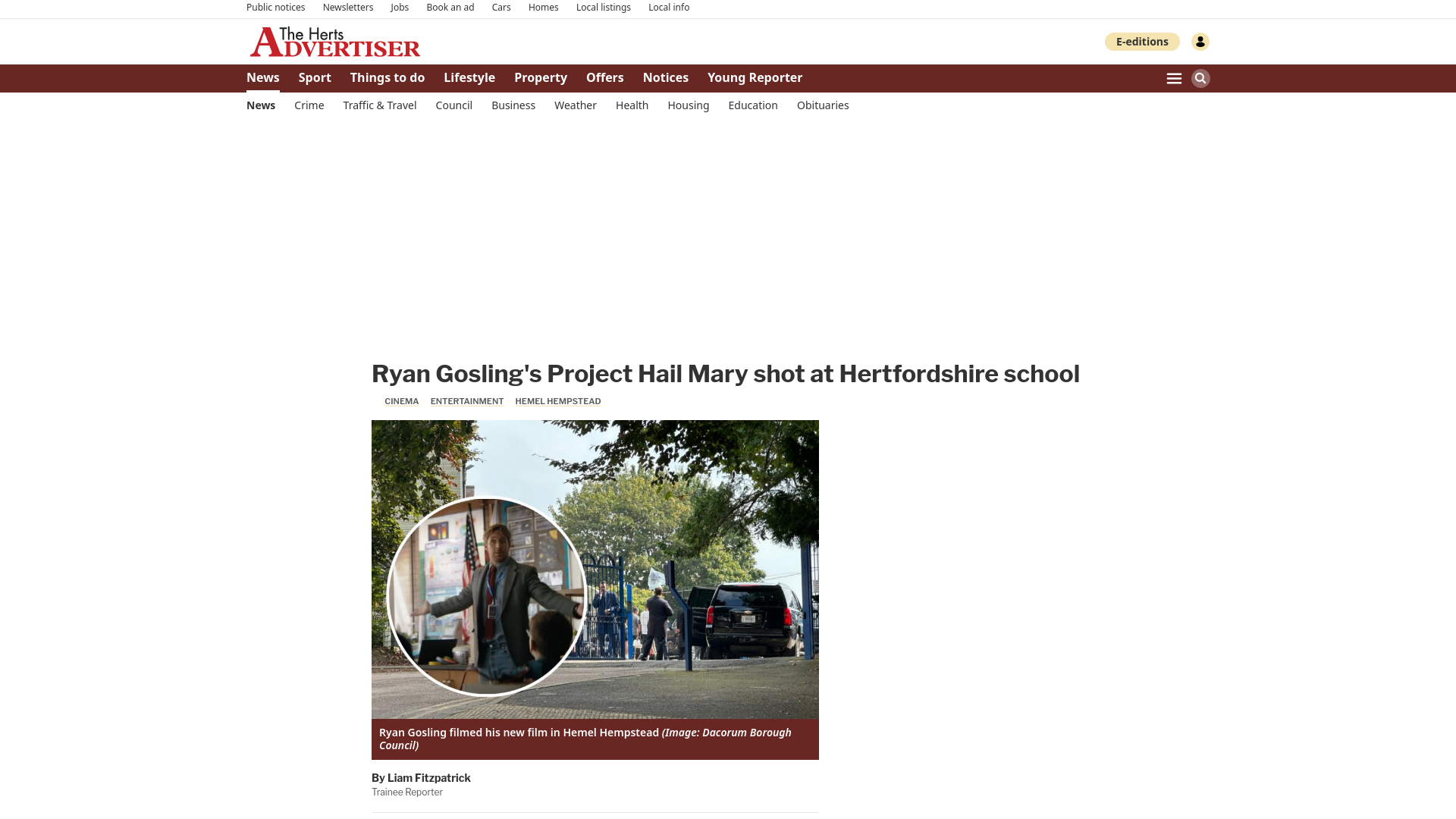 website screenshot of https://www.hertsad.co.uk/news/25958683.ryan-goslings-project-hail-mary-shot-hertfordshire-school/