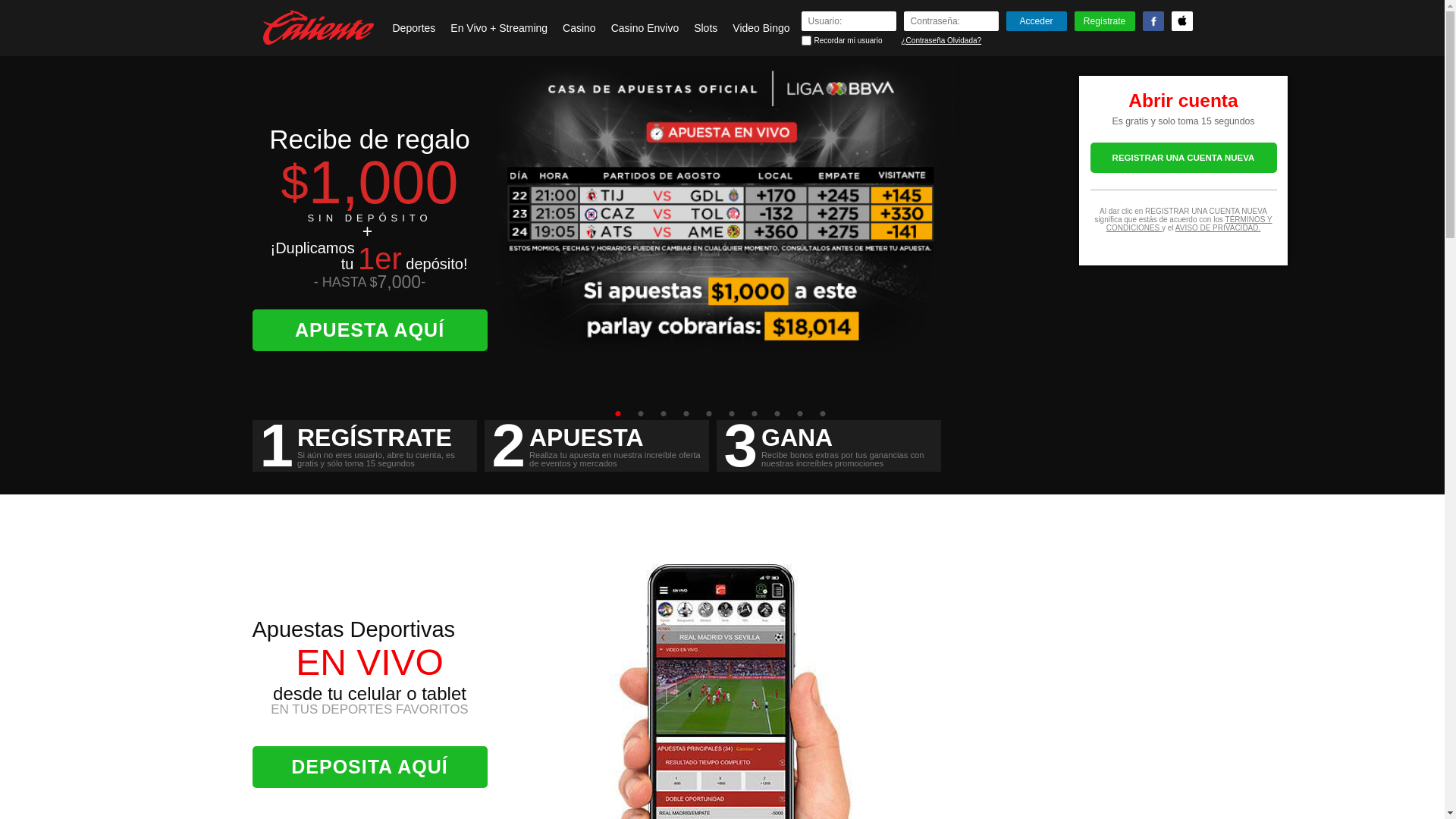 website screenshot of https://caliente.mx