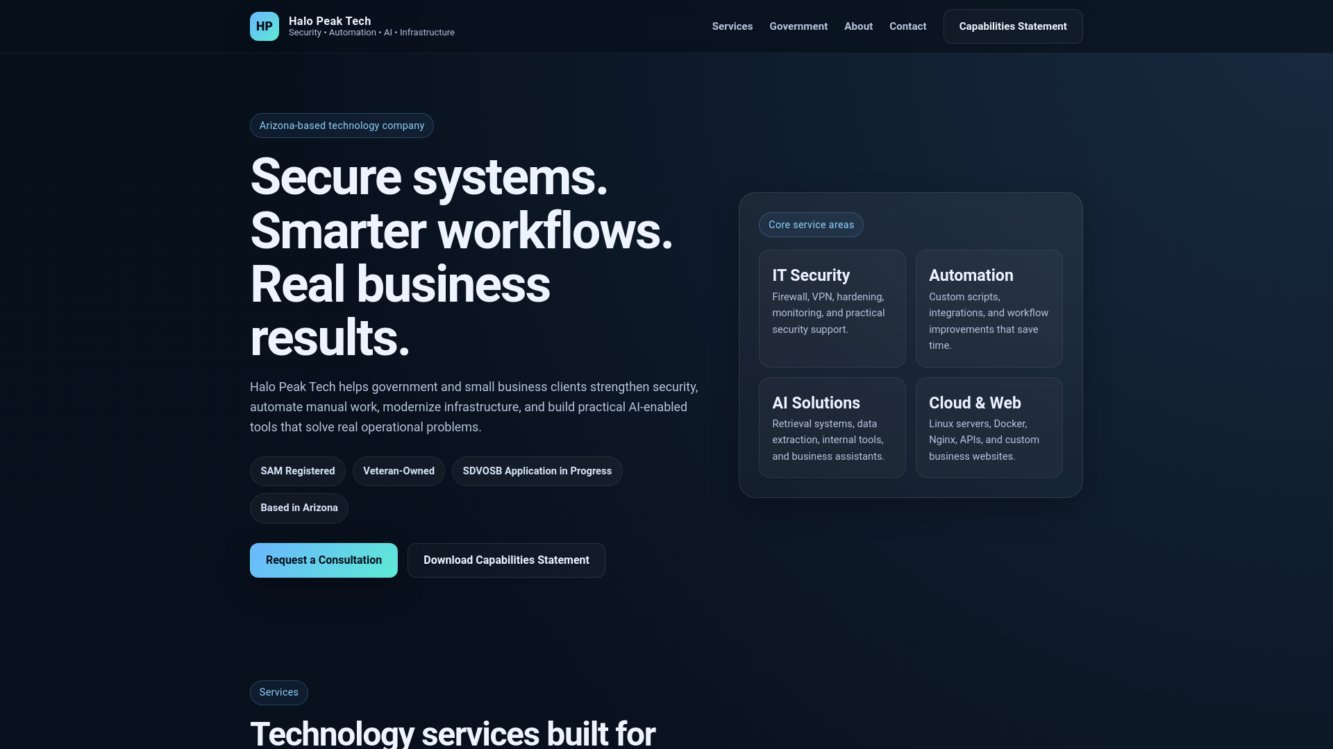 website screenshot of https://halopeaktech.com/
