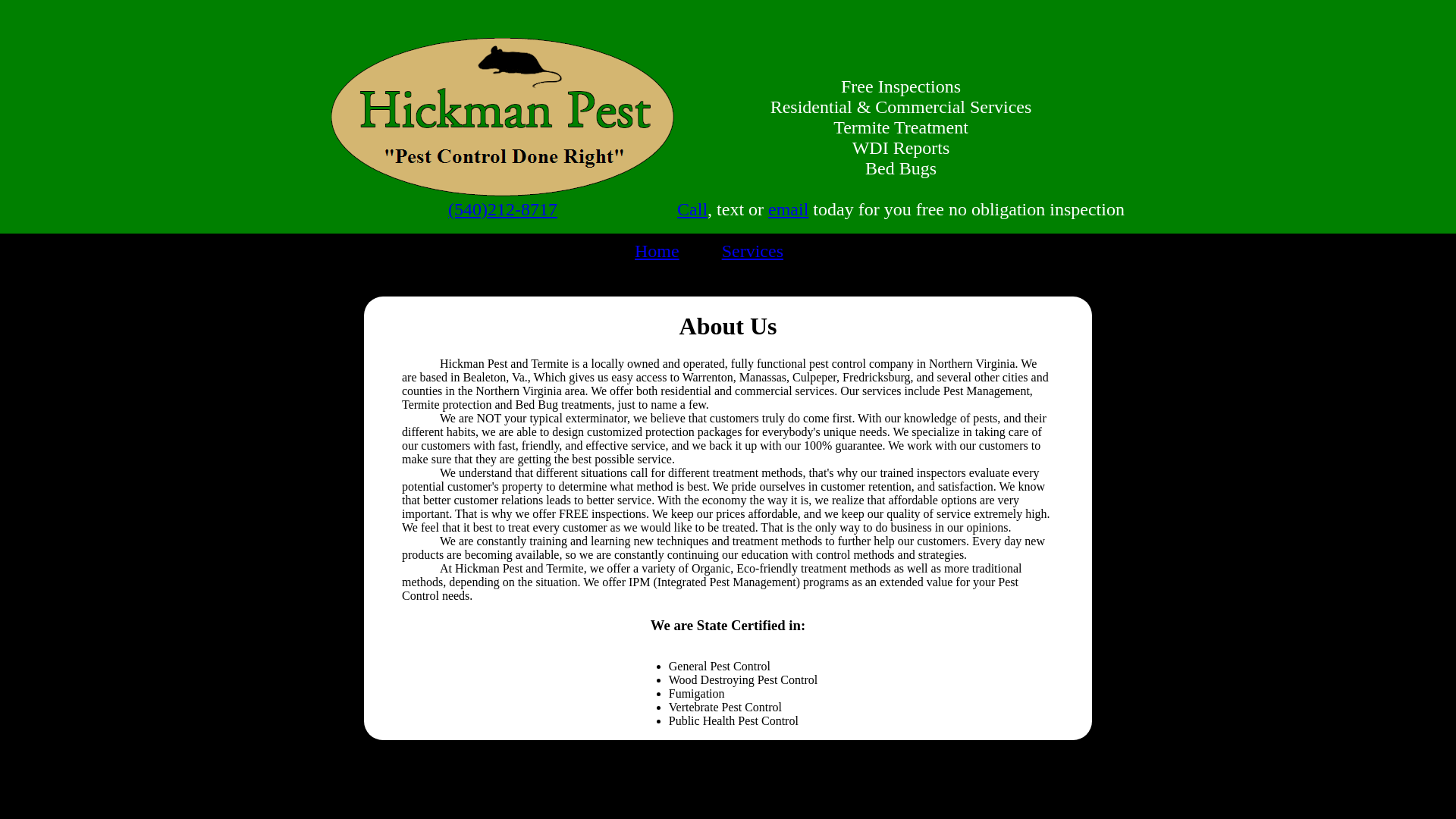 website screenshot of https://hickmanpestandtermite.com