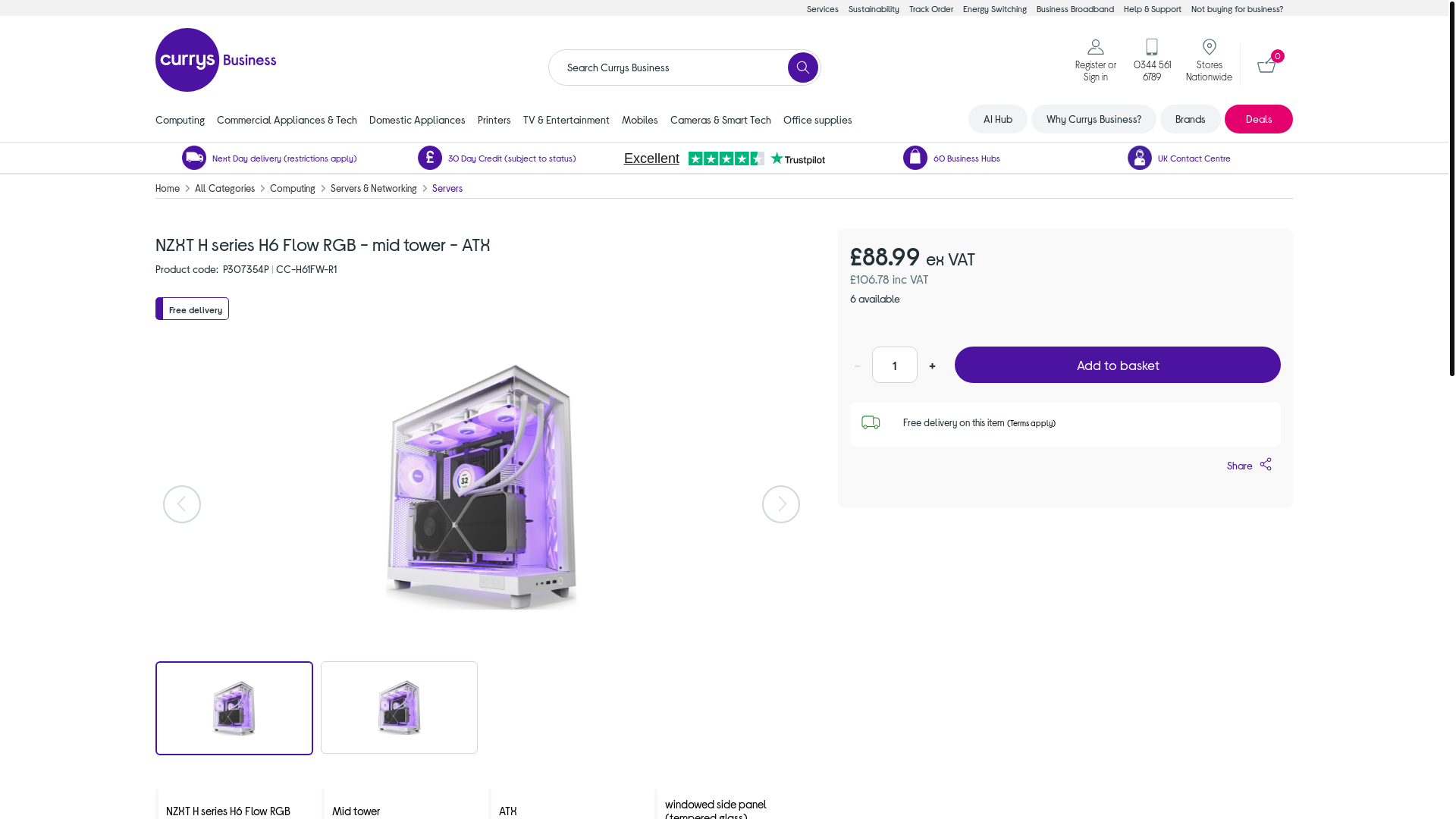 website screenshot of https://business.currys.co.uk/catalogue/computing/servers-networking/servers/nzxt-h-series-h6-flow-rgb-mid-tower-atx/P307354P?cidp=Froogle&srcid=198&cmpid=ppcb2b~gg~NEW+Shopping+catch+all~Ad+group+1~Exact~22905579551~&mctag=gg_goog_7904&kwid=GOOGLE&device=m&ds_kids=366282336917&tgtid=NEW+Shopping+catch+all&gclsrc=aw.ds&&gad_source=1&gad_campaignid=22905579551&gclid=Cj0KCQiAtfXMBhDzARIsAJ0jp3BSfxWtM-WYUscfSiach4yoiem1550VzHNwLejf5MKV9m4YyMZiJ-0aAqwyEALw_wcB