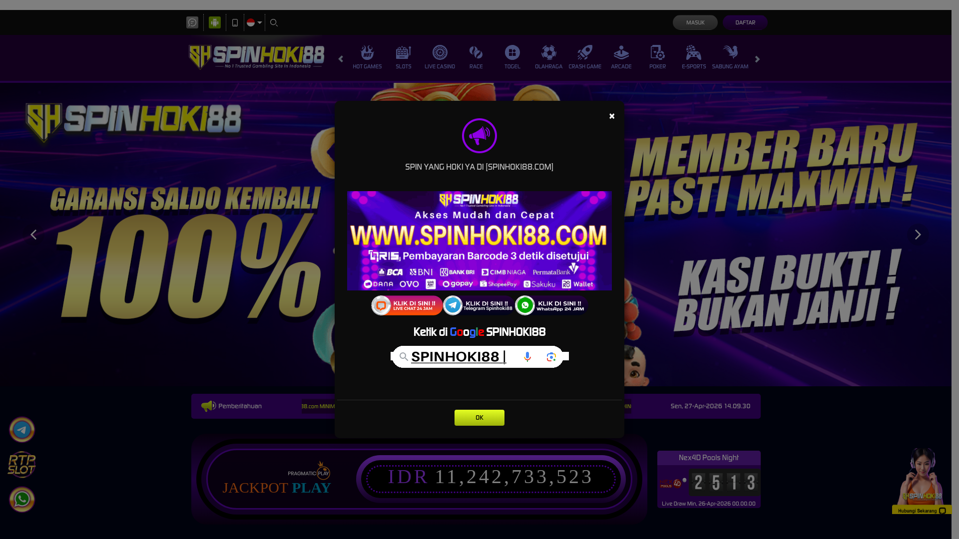 website screenshot of https://spinhoki88ads1.xyz/