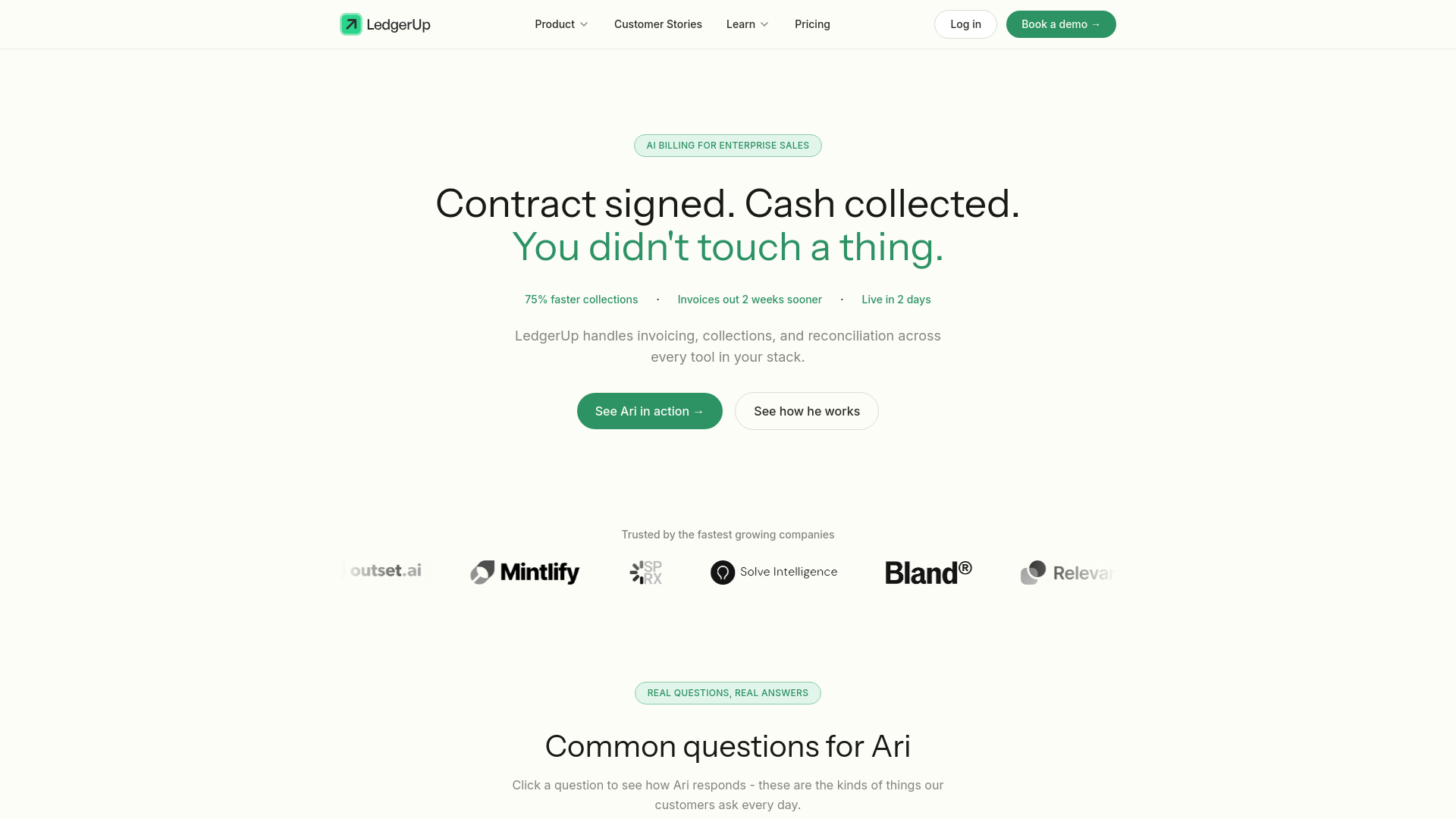 website screenshot of https://sendledgerup.com/