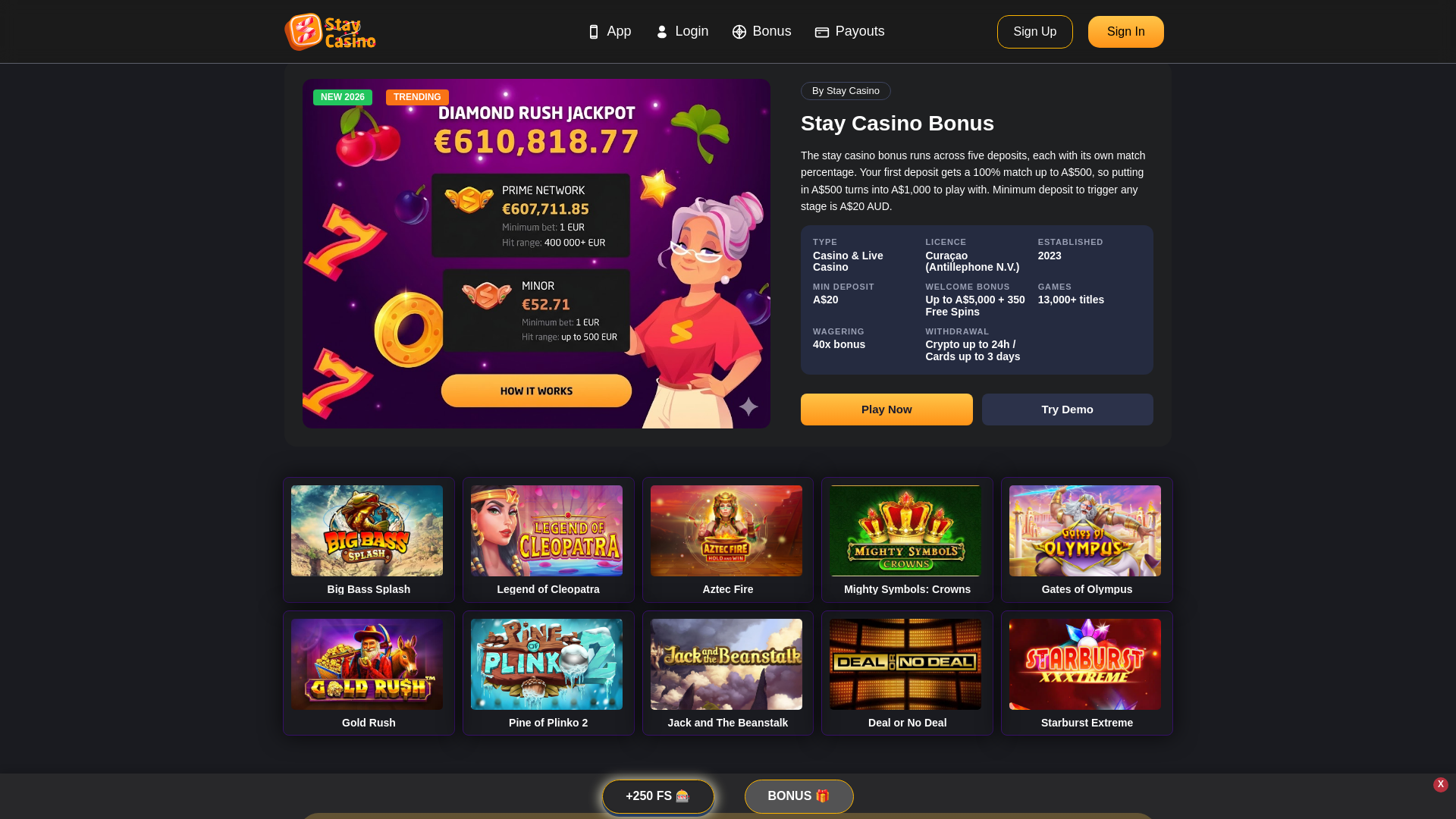 website screenshot of https://staycasinobonus.org/