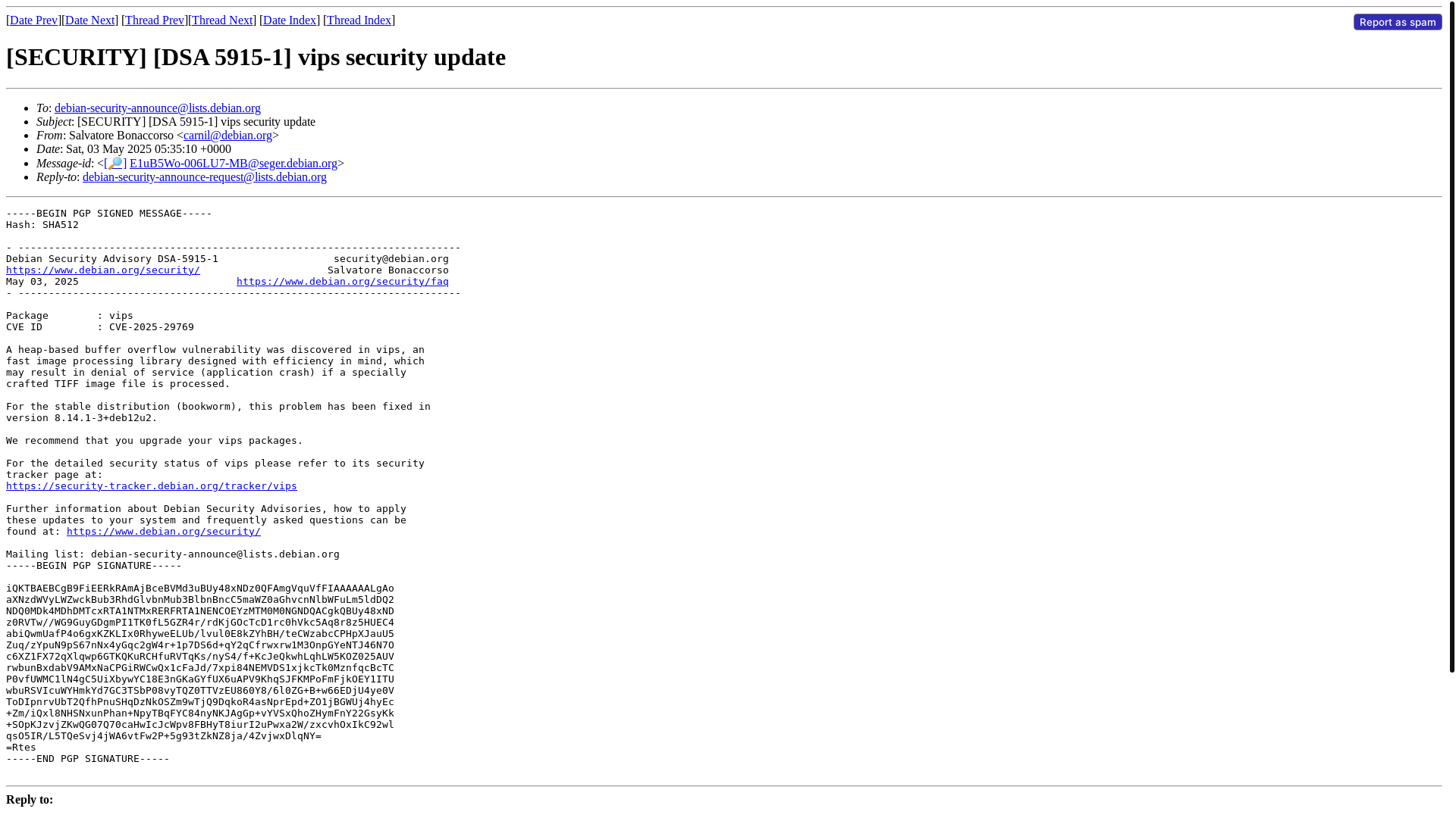 website screenshot of https://lists.debian.org/debian-security-announce/2025/msg00078.html