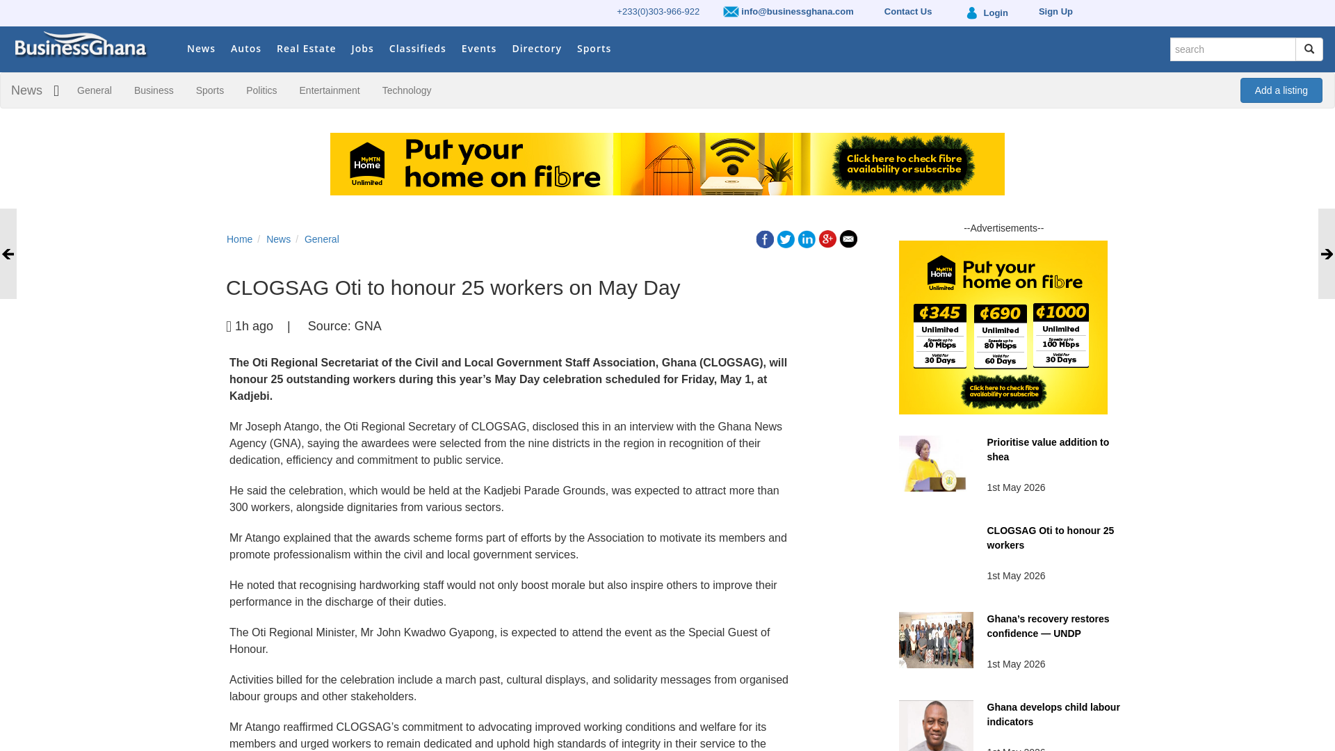 website screenshot of https://www.businessghana.com/site/news/general/347864/CLOGSAG-Oti-to-honour-25-workers-on-May-Day-