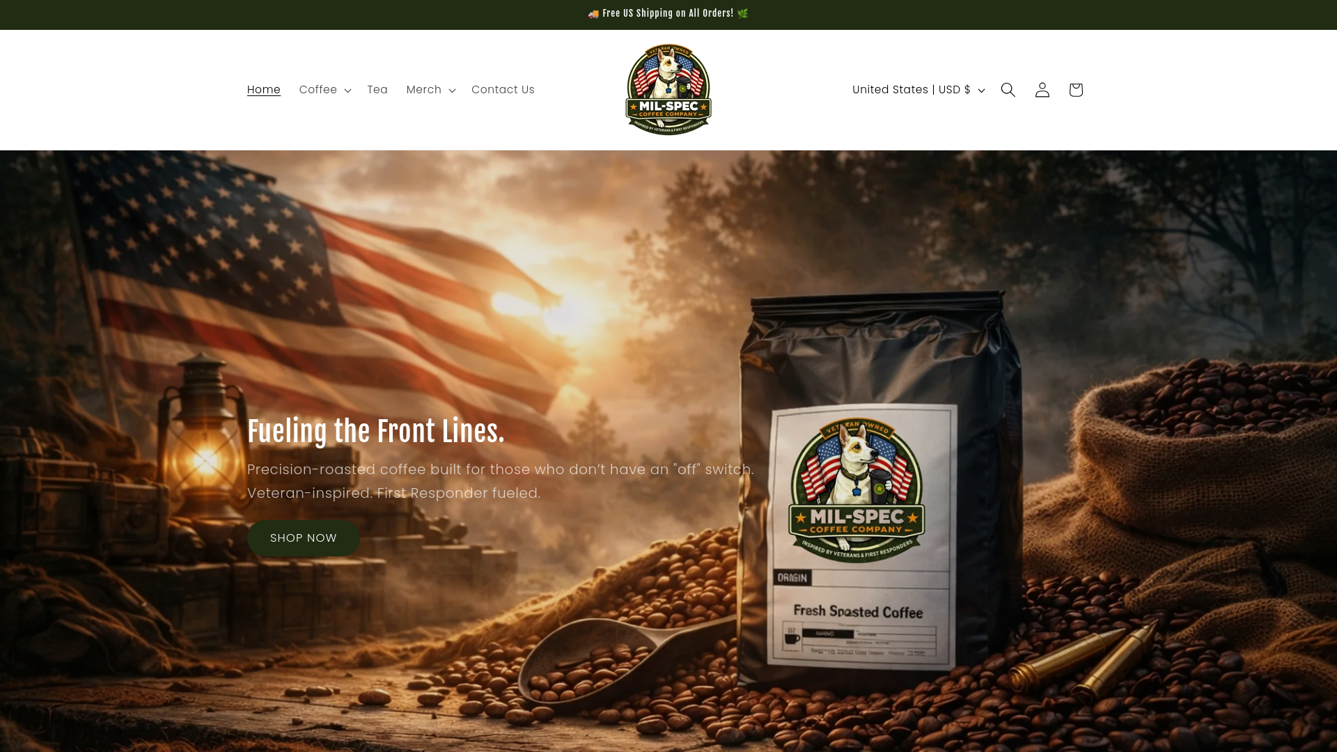 website screenshot of https://milspeccoffeecompany.com/