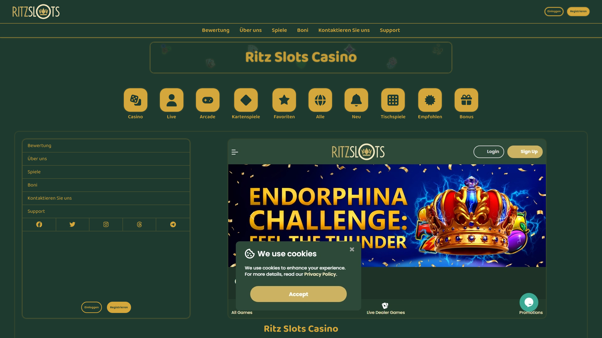 website screenshot of https://ritzslotscasino.de/